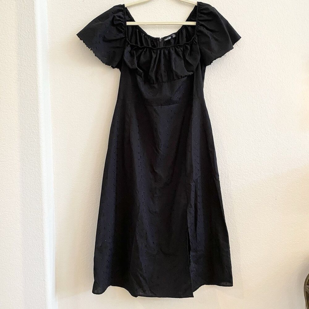 BOOHOO Puff  Sleeve  Square  Neck  Midi Eyelet Open Sleeve Dress‎ Black Size  12